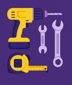 Yellow drill tool with black details on purple background